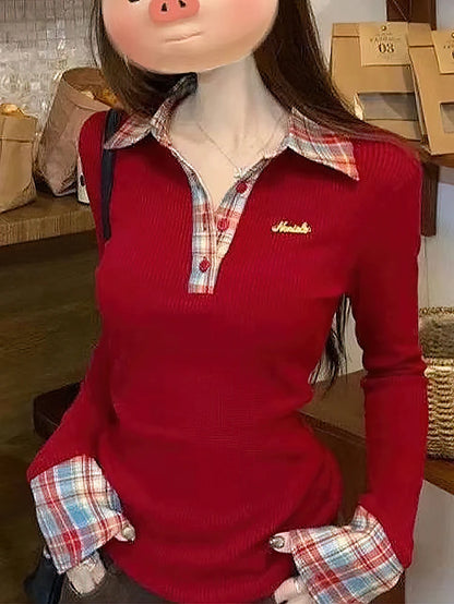 Vexaroa Preppy Plaid Layered Polo Top Fake Two-Piece Blouse