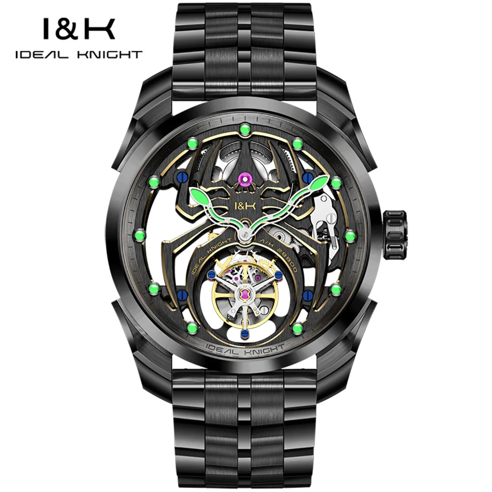 IDEAL KNIGHT Real Tourbillon Men's Watches High-Grade Fully Hollowed Spider Pattern Cool Dial Top Luxury Mechanical Watches 6802