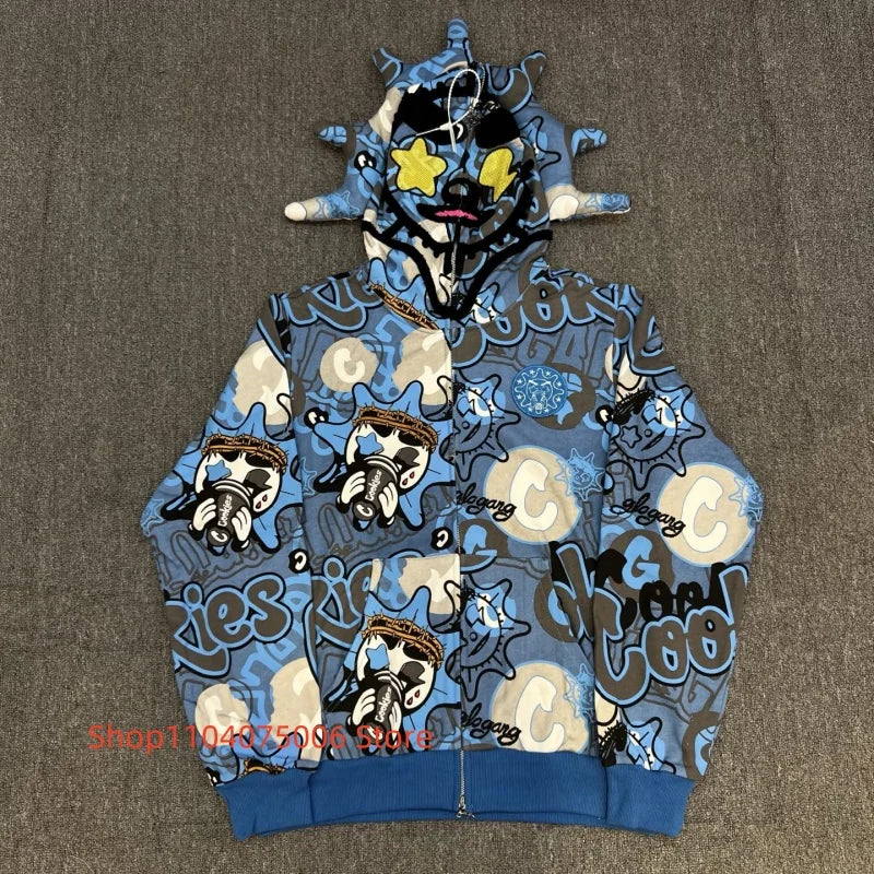 Vexaroa Men's Zip Hoodie Cartoon Graffiti Streetwear