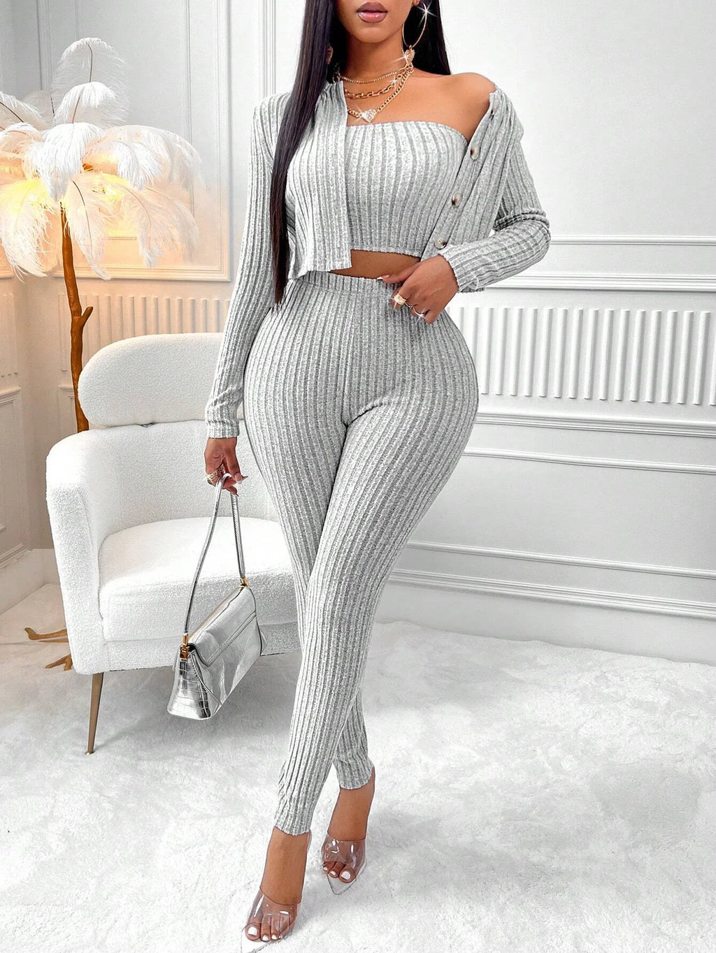 Vexaroa Women's Camisole, Button Jacket & Leggings 3-Piece Set — product image