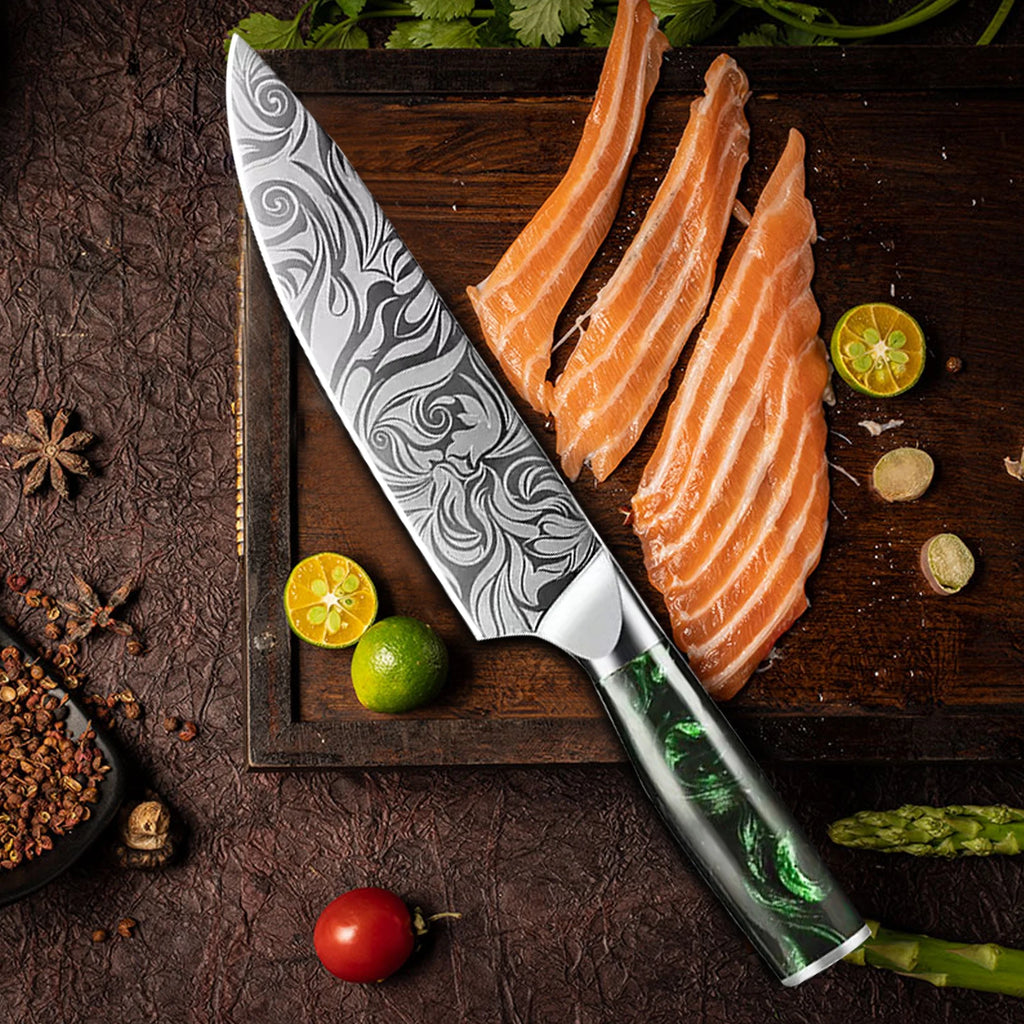 Kitchen Knife Set Stainless Steel Ultra Sharp Paring Boning Santoku Cleaver Bread Chef Knife with Green Resin Handle