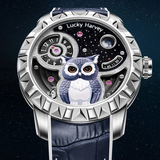 Luxury watch with owl design and 'Lucky Harvey' branding on a dark background