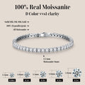 Silver bracelet with moissanite stones on a beige background, featuring product details.