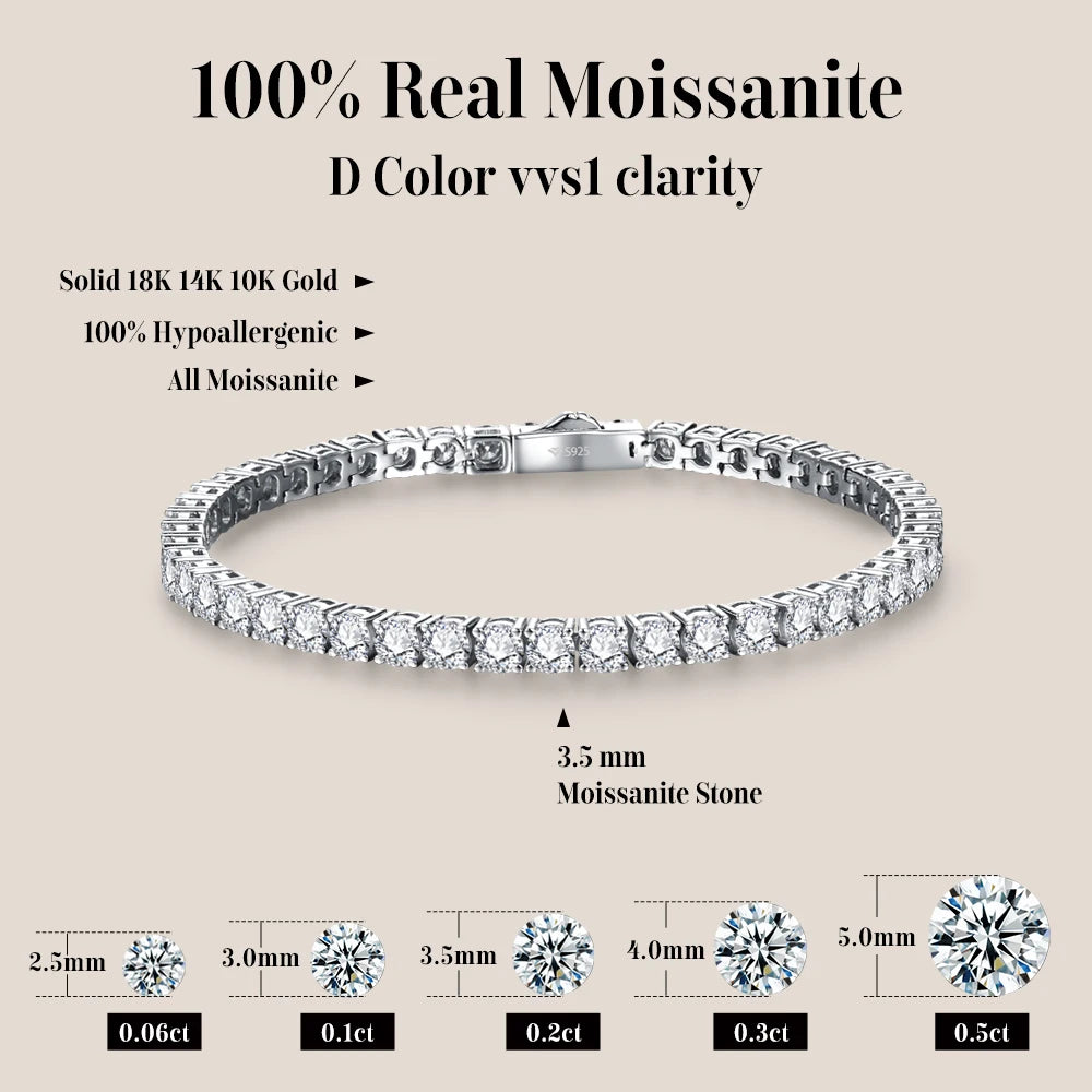 Silver bracelet with moissanite stones on a beige background, featuring product details.