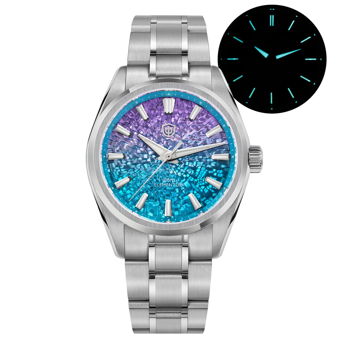 Silver watch with a blue and purple face on a white background