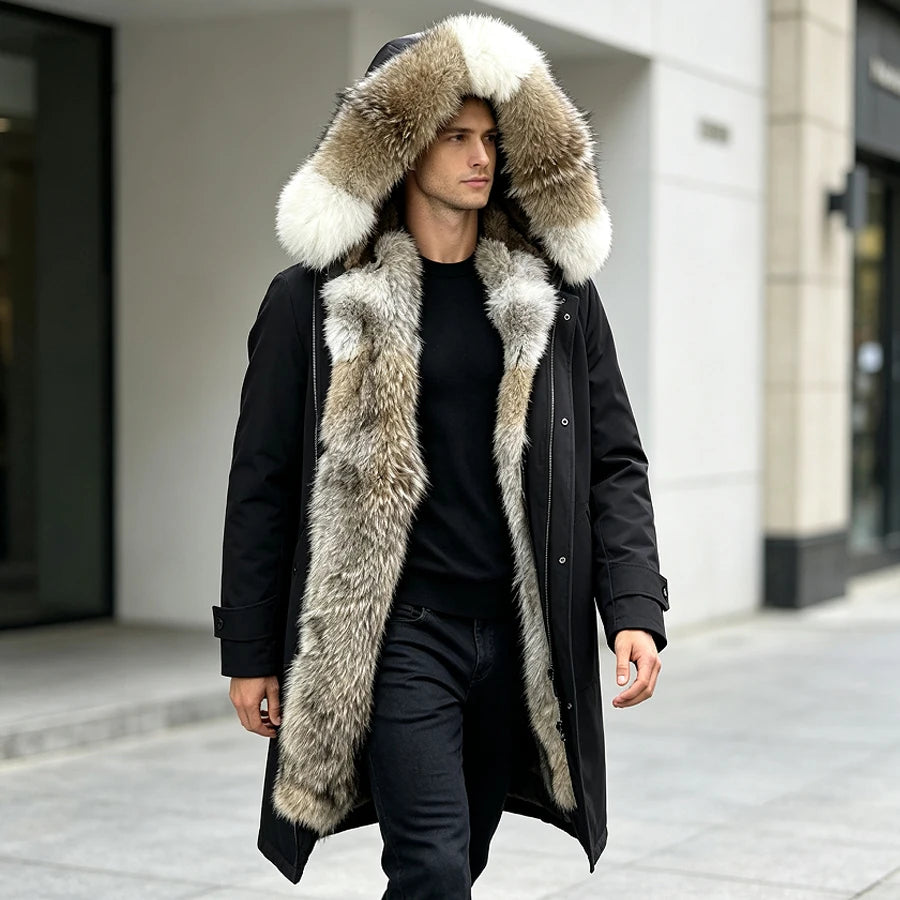 Long Natural Coyote Fur Parka With Hood Real Muskrat Fur Jacket Winter Warm Wolf Fur Coats Best Selling Genuine Fur Coat Man