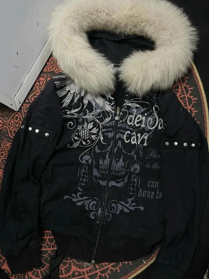 American Subculture Vintage Spice Girl Skeleton Black Mao Mao Hooded Printed Sweater Female Y2K Gothic Harajuku Plus Velvet Coat