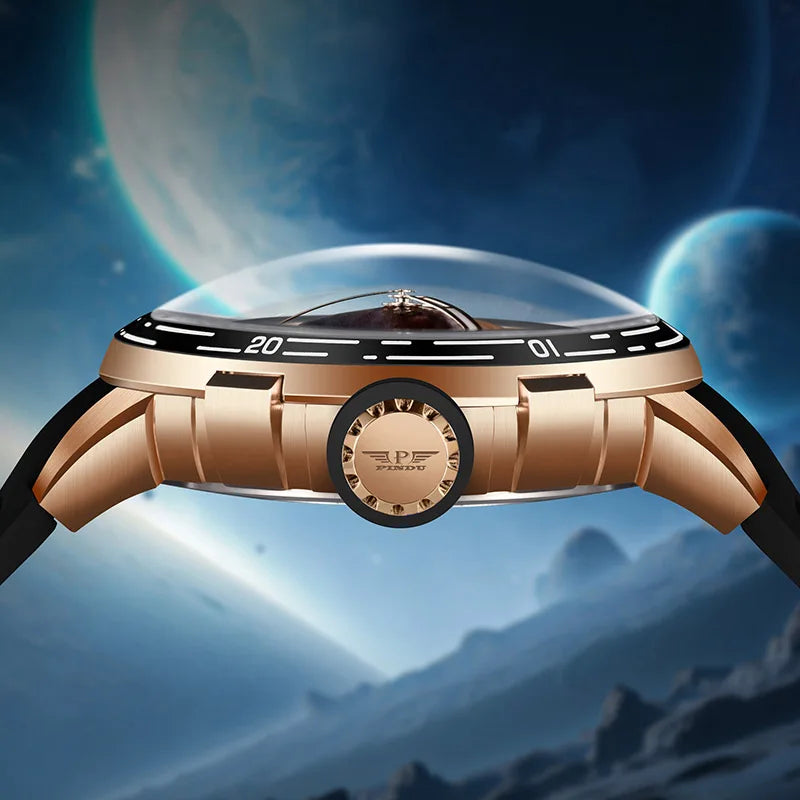 A futuristic wristwatch with a rose gold-toned case, clear domed crystal, and black bezel details, shown against a space-themed background with planets and a blue horizon.