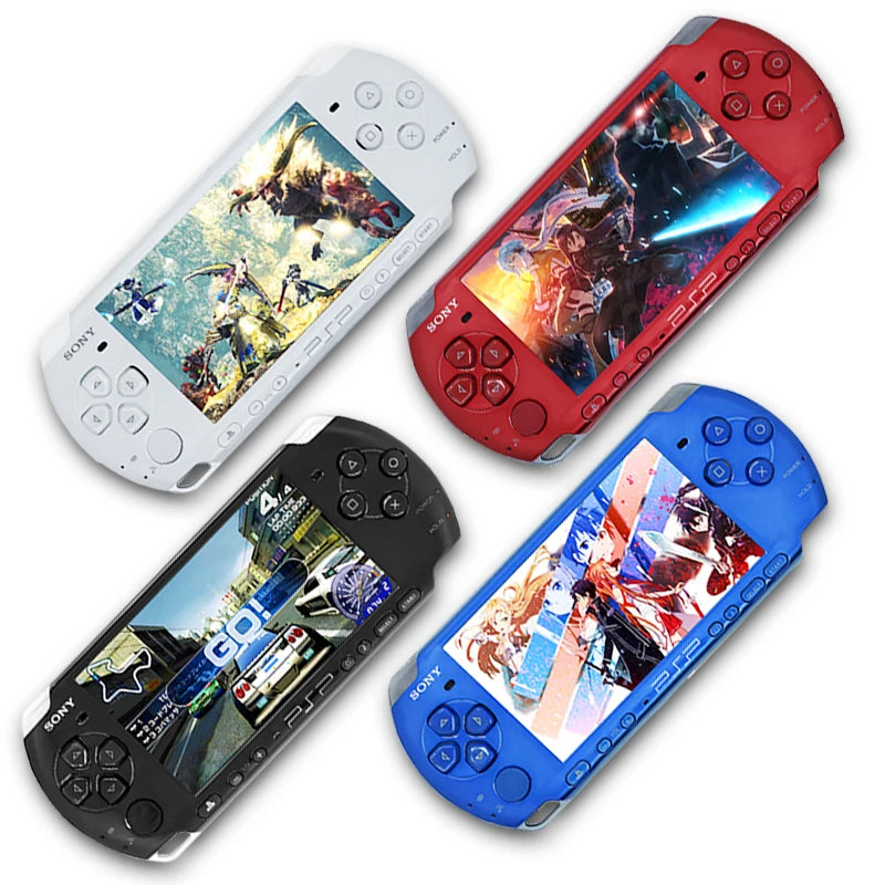 Four Sony PSP gaming consoles in different colors with game graphics on screens.
