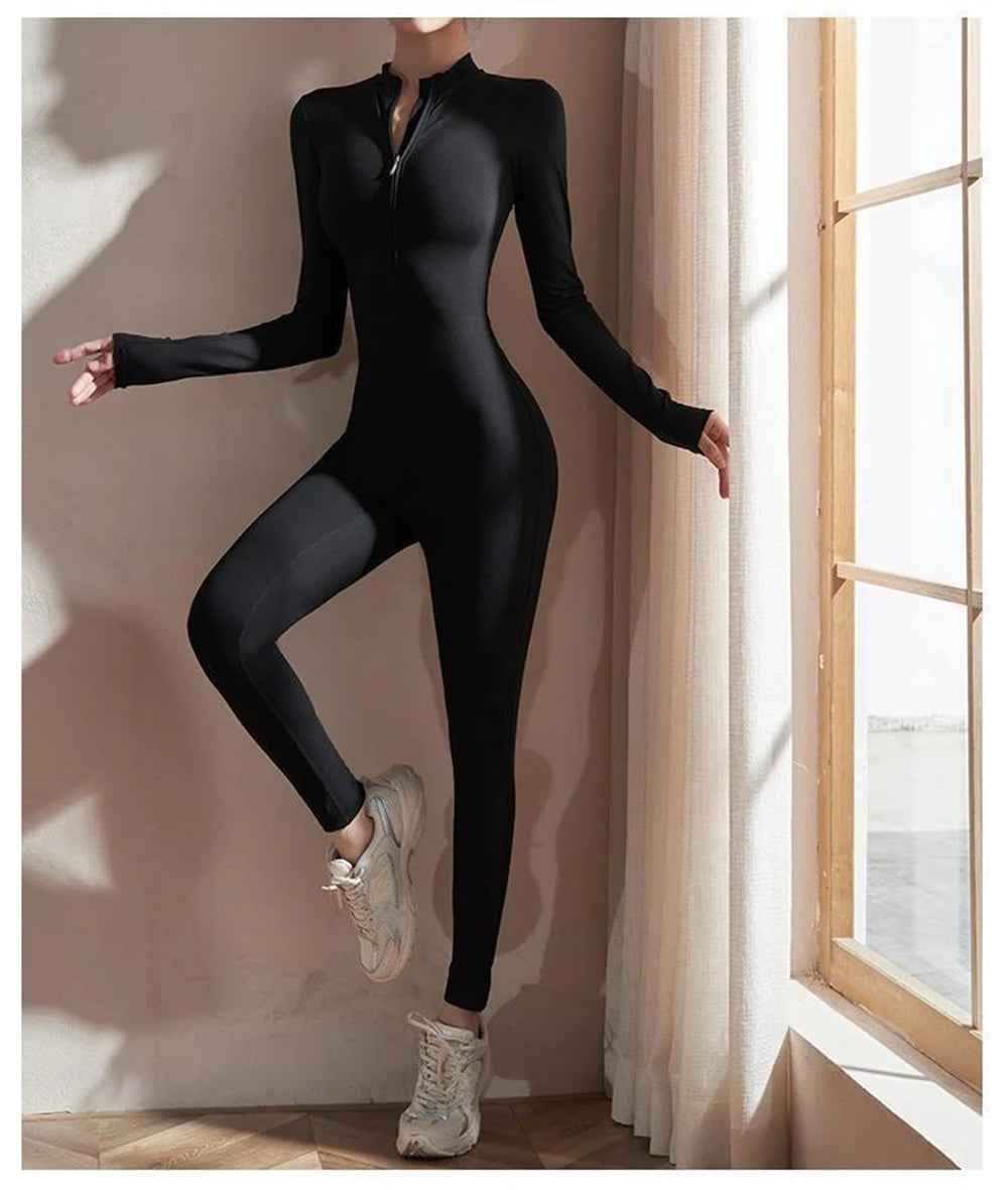 Vexaroa Women's Slim Fit Yoga Romper Long Sleeve Zipper Black — product image