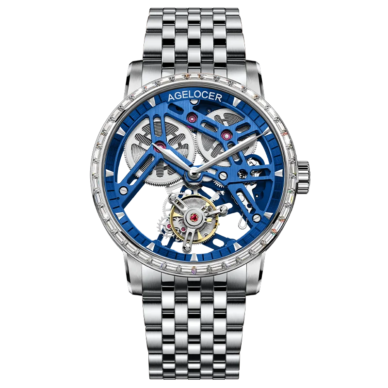 Silver and blue mechanical watch with visible brand name on a white background