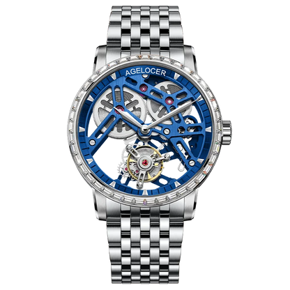 Silver and blue mechanical watch with visible brand name on a white background