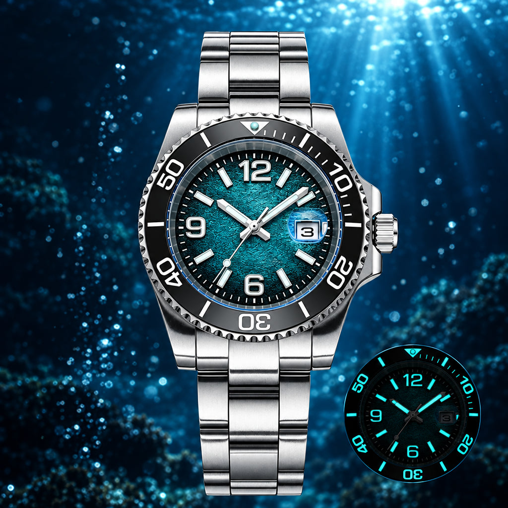 Silver diving watch with blue water effect on a dark background, featuring ADDIESDIVE branding.