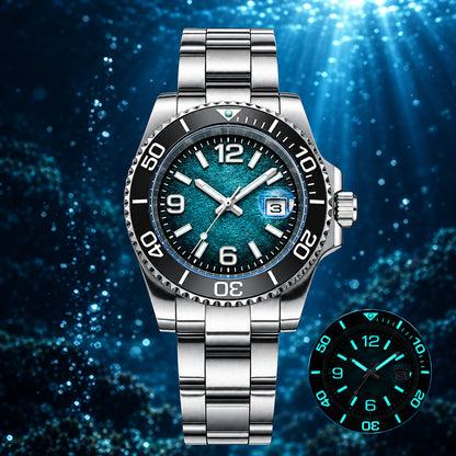 Silver diving watch with blue water effect on a dark background, featuring ADDIESDIVE branding.