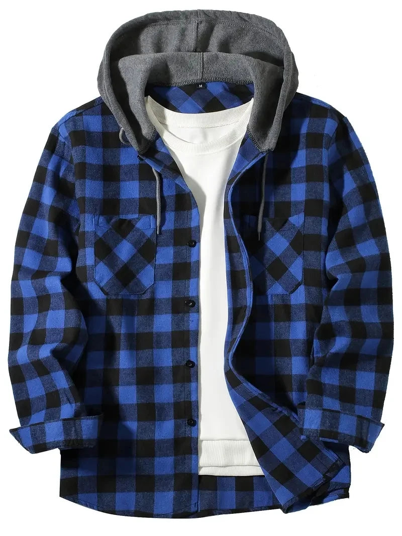 Vexaroa Men's Slim Hooded Plaid Shirt Jacket Casual Sport