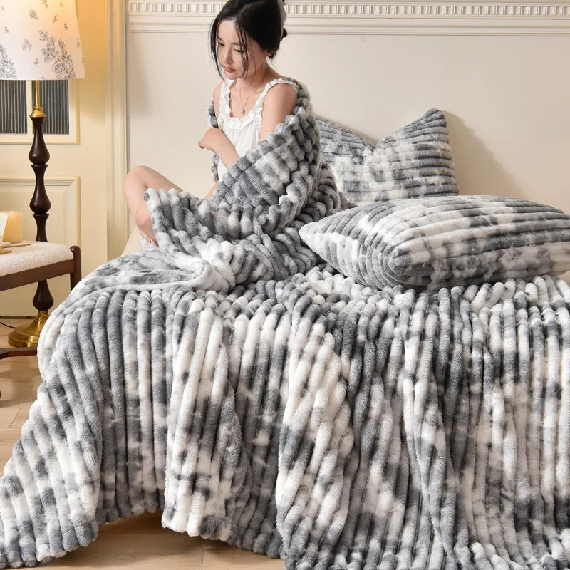 Wide Stripe Imitation Rabbit Plush Blanket Autumn Winter Warm Double Bed Blankets Fluffy Soft Tie-Dye Flannel Sofa Throw Blanket