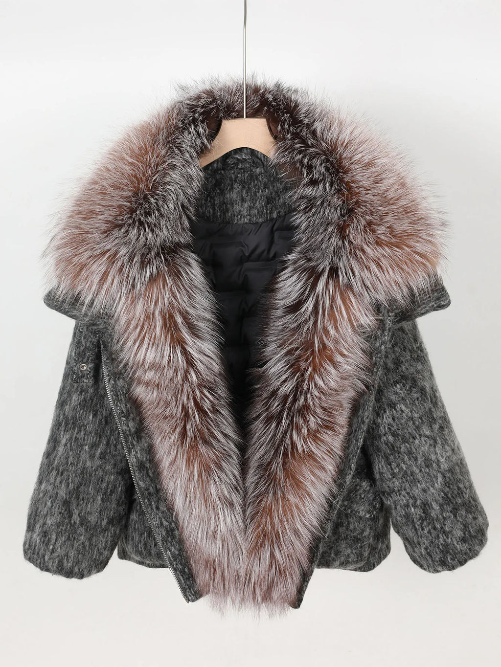 Women's Wool Puffer Jacket with Fox Fur Collar at Vexaroa