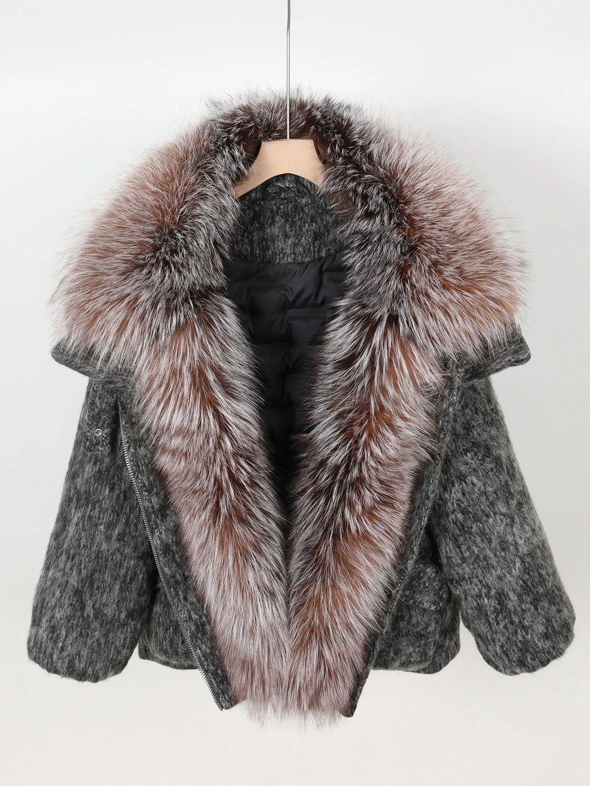 Women's Wool Puffer Jacket with Fox Fur Collar at Vexaroa