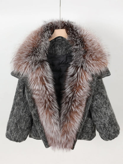 Women's Wool Puffer Jacket with Fox Fur Collar at Vexaroa