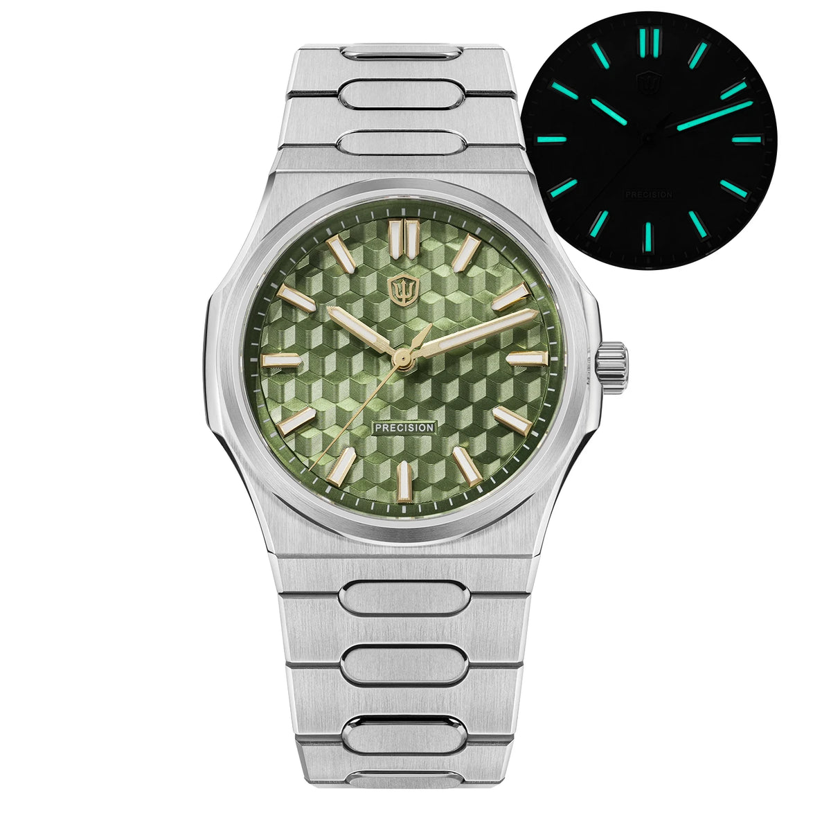 Silver watch with a detailed face and a close-up of the glowing green hour markers on a white background.