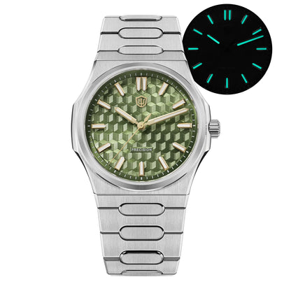 Silver watch with a detailed face and a close-up of the glowing green hour markers on a white background.