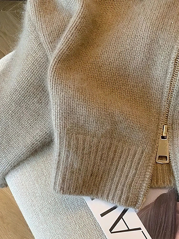 Vexaroa Patchwork Zipper Cropped Cardigan Knit Bomber Jacket