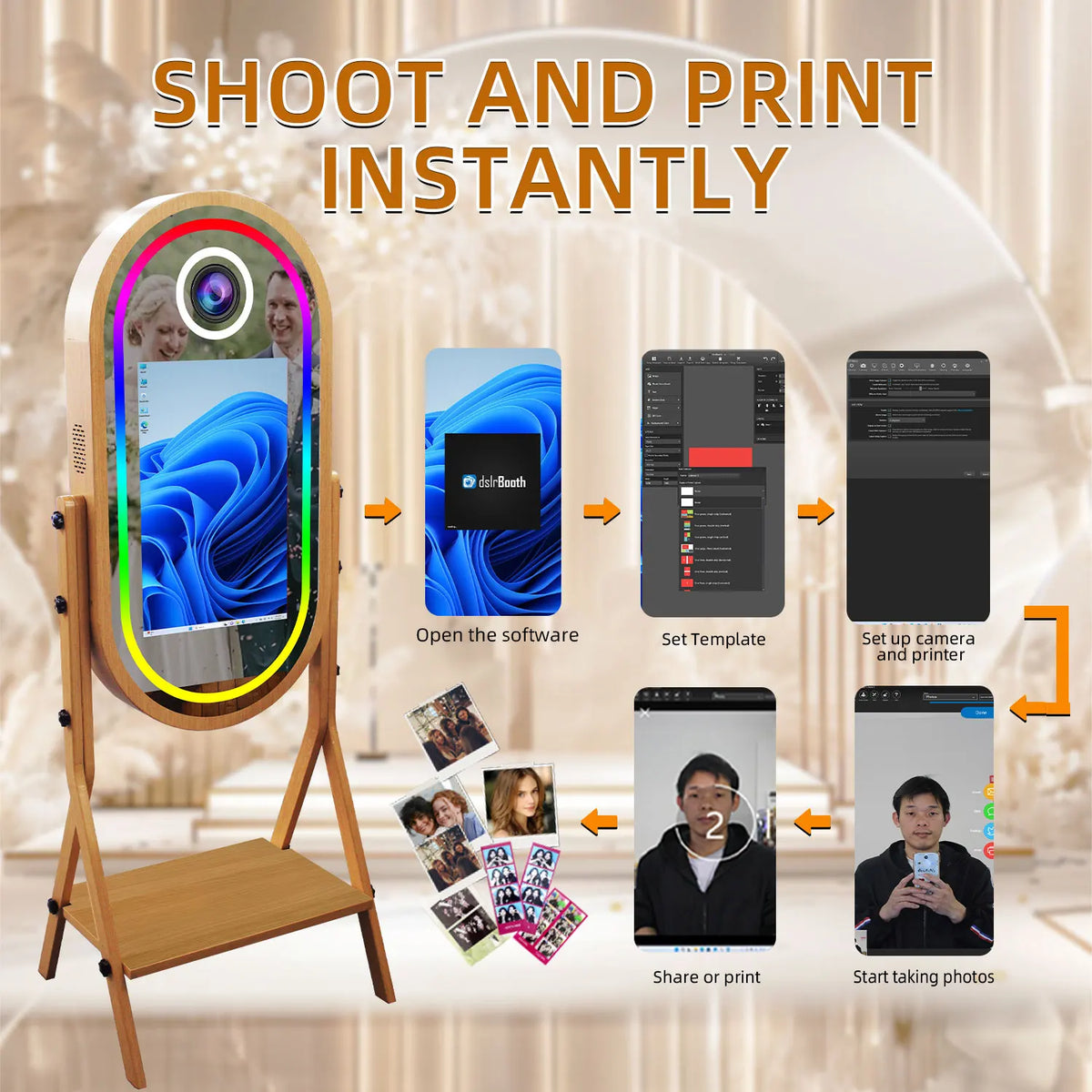 Magic Mirror Photobooth with Imitate Wood Grain Selfie, 21.5 Inch Touch Screen, Selfie DSLR Photo Booth Machine for Sharing