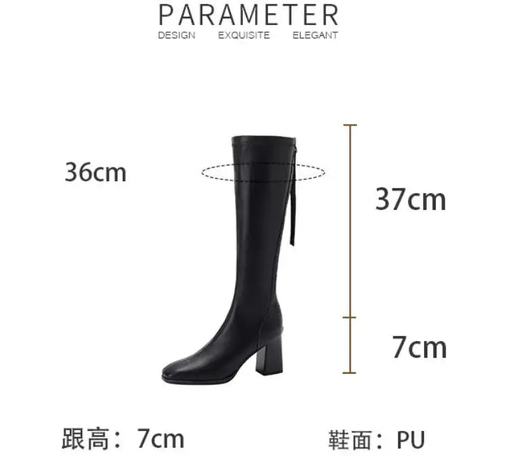 Women's Black Knee-High Chunky Heel Boots | Vexaroa