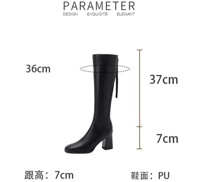 Women's Black Knee-High Chunky Heel Boots | Vexaroa
