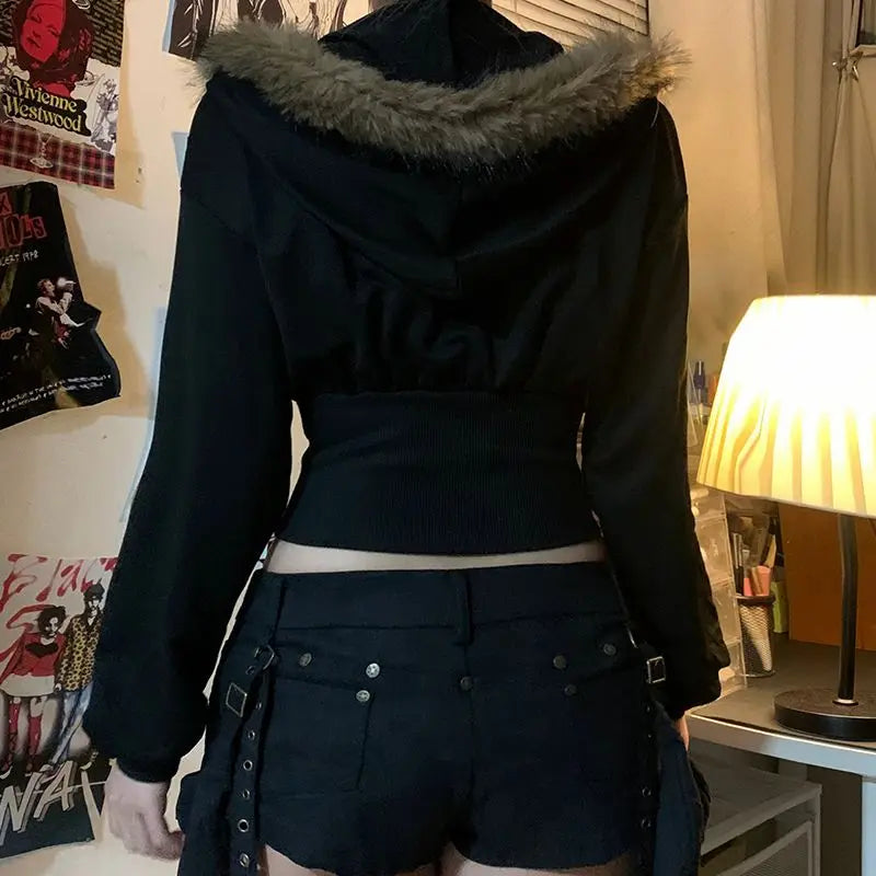 Vexaroa Women's Cropped Gothic Punk Zip-Up Hoodie