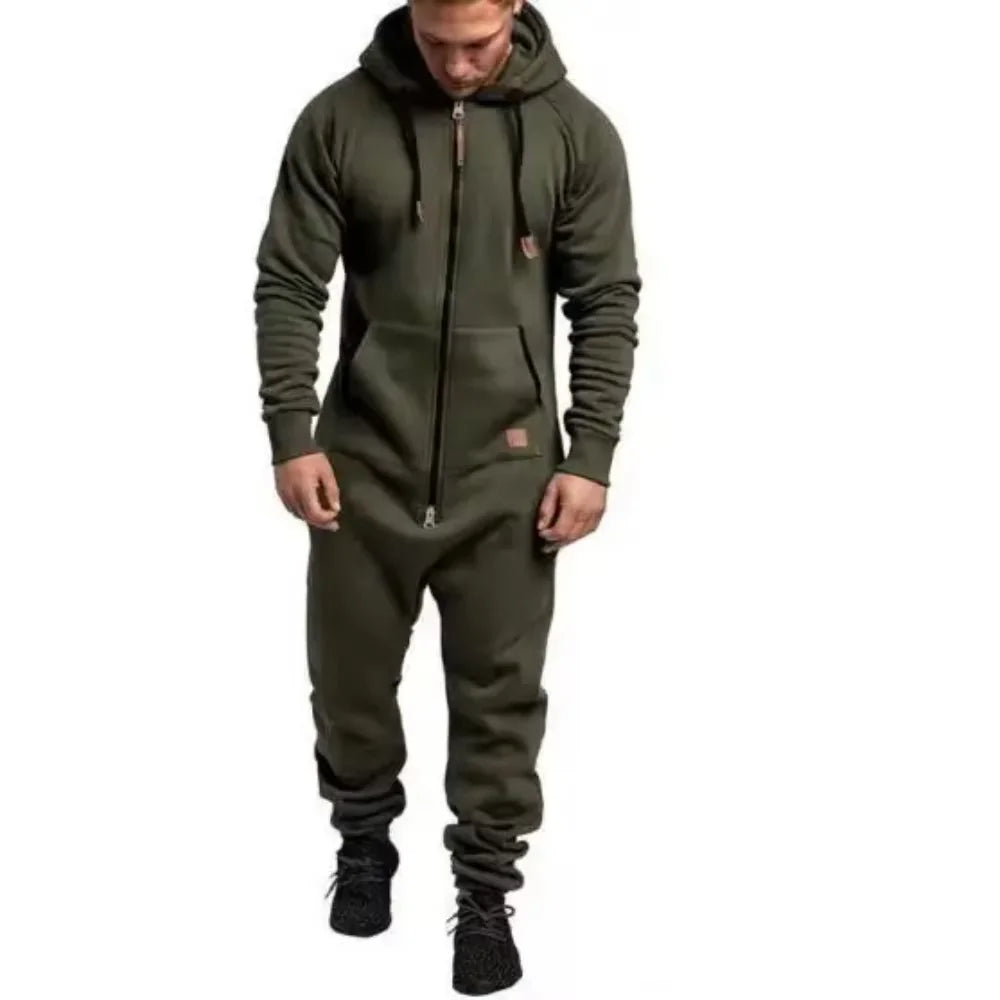 Winter New Men's Hooded Fleece Jumpsuit With Solid Color And Color Blocking Casual Workwear Set For Men