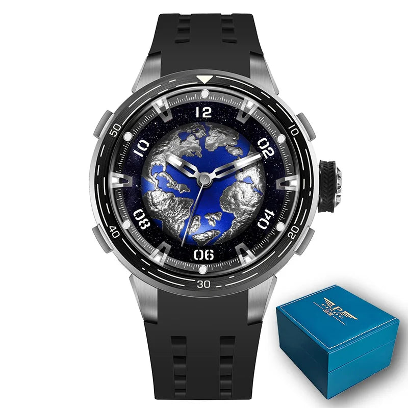 PINDU Design Watches Planet Series Miyota 8215 Mechanical Watch Men's Luminous Waterproof Curved Mirror Pointer Silicone Strap