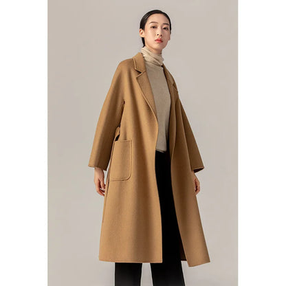 Women's Long Water Ripple Double-Faced Wool Wrap Coat at Vexaroa