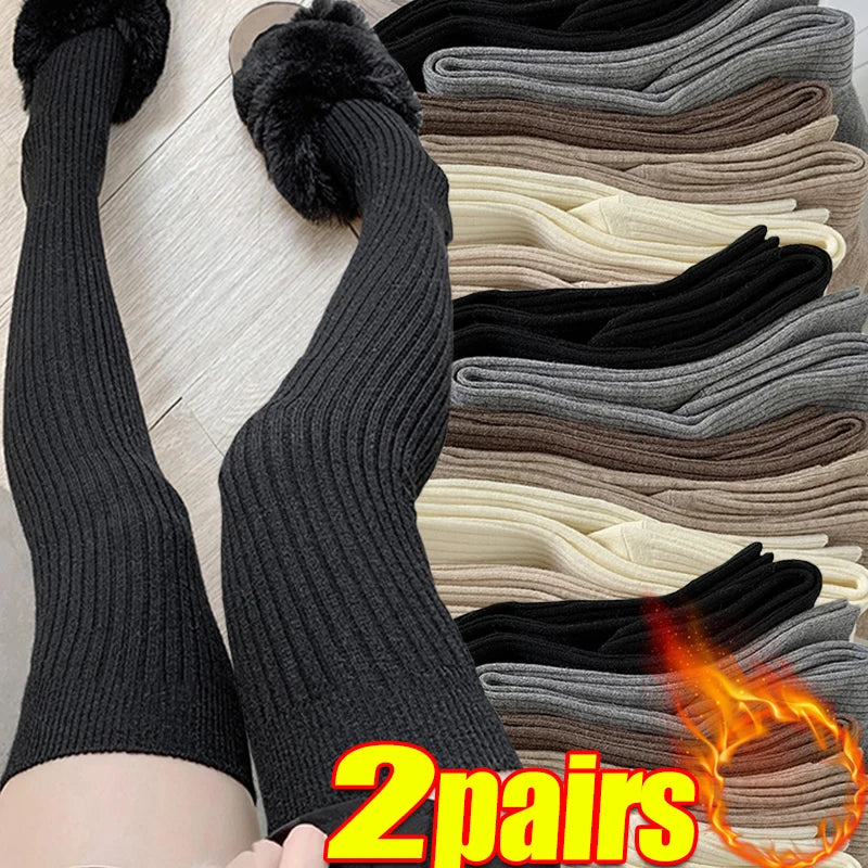 Women's Knee High Socks Paired with Boots Black White Pure Cotton Autumn and Winter Wool Long Socks Winter Warm Pile High Sock
