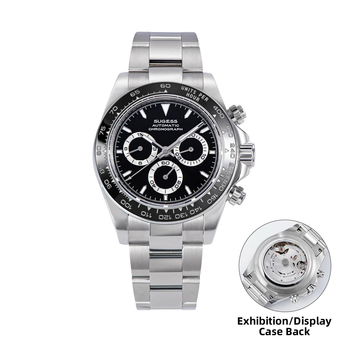 Silver watch with black face and exhibition/display case back on a white background