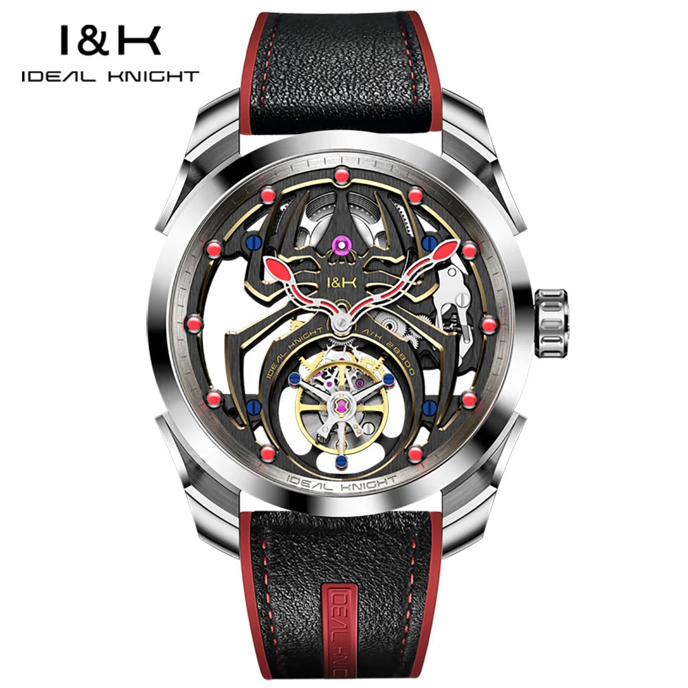 IDEAL KNIGHT Real Tourbillon Men's Watches High-Grade Fully Hollowed Spider Pattern Cool Dial Top Luxury Mechanical Watches 6802