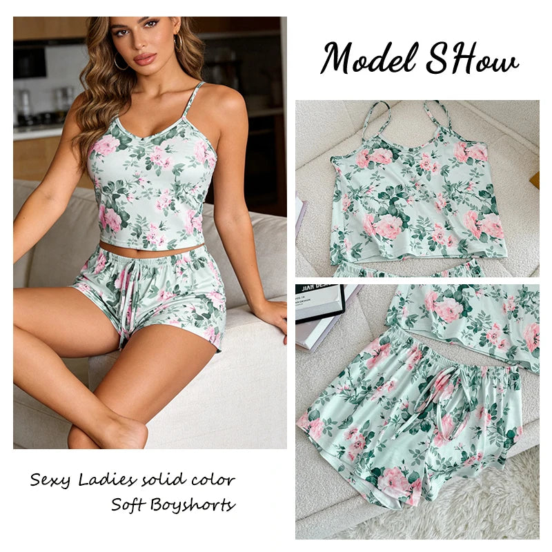 Floral pajama set with a model wearing it, shown from different angles.