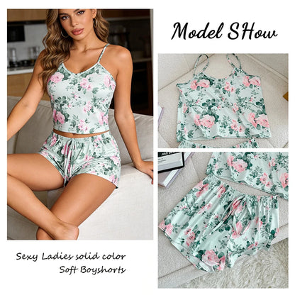 Floral pajama set with a model wearing it, shown from different angles.