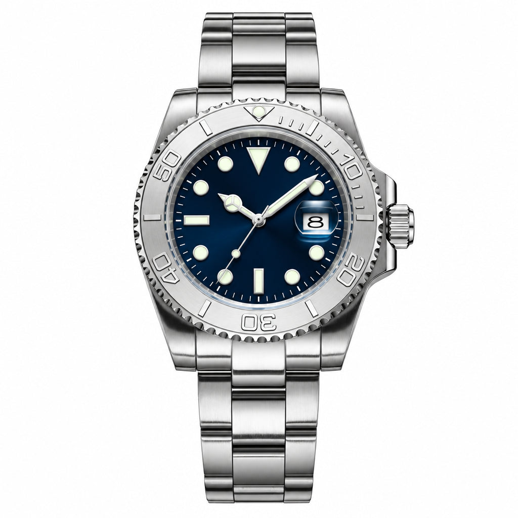 Silver wristwatch with blue dial on a white background, featuring ADDIESDIVE branding.