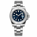 Silver wristwatch with blue dial on a white background, featuring ADDIESDIVE branding.