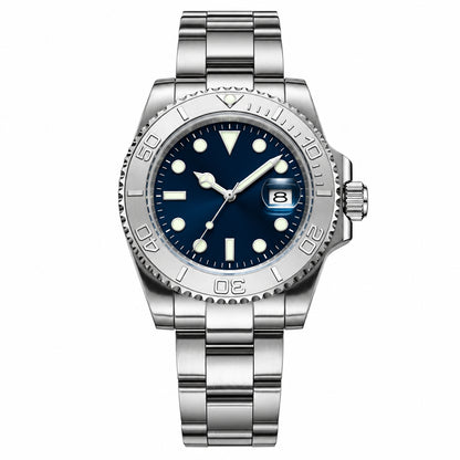 Silver wristwatch with blue dial on a white background, featuring ADDIESDIVE branding.