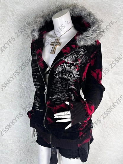 Harajuku Winter Y2k Clothes Gothic 90s Punk Hoodies Zip-up Sweatshirts Trend Woman Streetwear Hooded Grunge Graphic Hoody Jacket