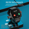 A black smartwatch with a black band is shown on a blue textured background with promotional text reading '4G/5G full network.' The watch screen displays an incoming call interface with the name 'David.