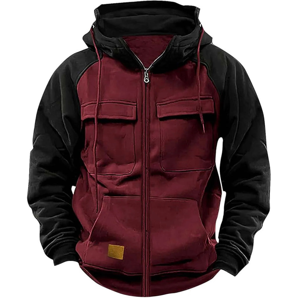Autumn Winter Hoodies Men Zipper Patchwork Warm Fleece Sweatshirts Multi Pockets Male Fashion Hooded Jacket Thick Outdoor Hoodie