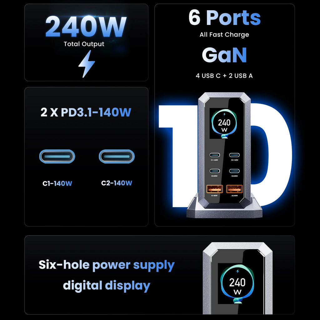 Vexaroa 240W 6-Port GaN USB-C Charger Station