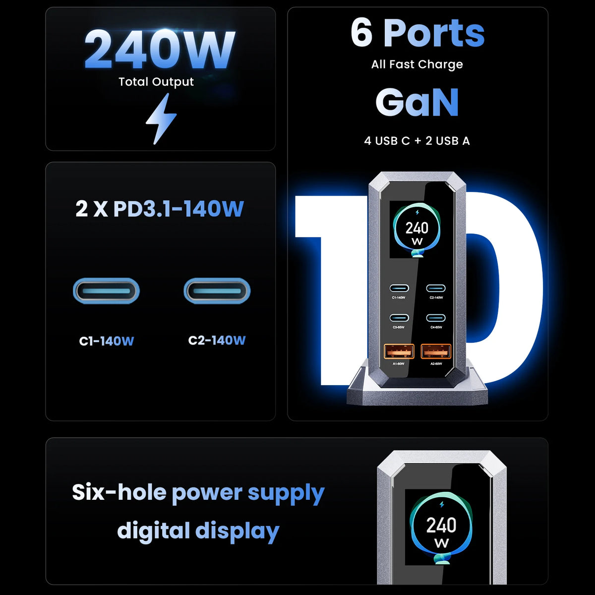 240W Digital GaN Charger PD3.1 140W USB Type C 6 Ports Desktop Fast Charging Station for IPhone Samsung Xiaomi MacBook Laptops