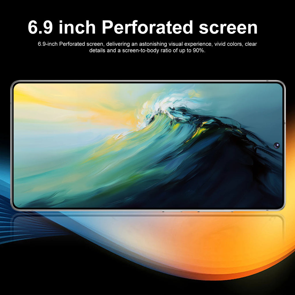 A promotional graphic for a smartphone screen featuring a 6.9-inch perforated display with a wave artwork on the screen.