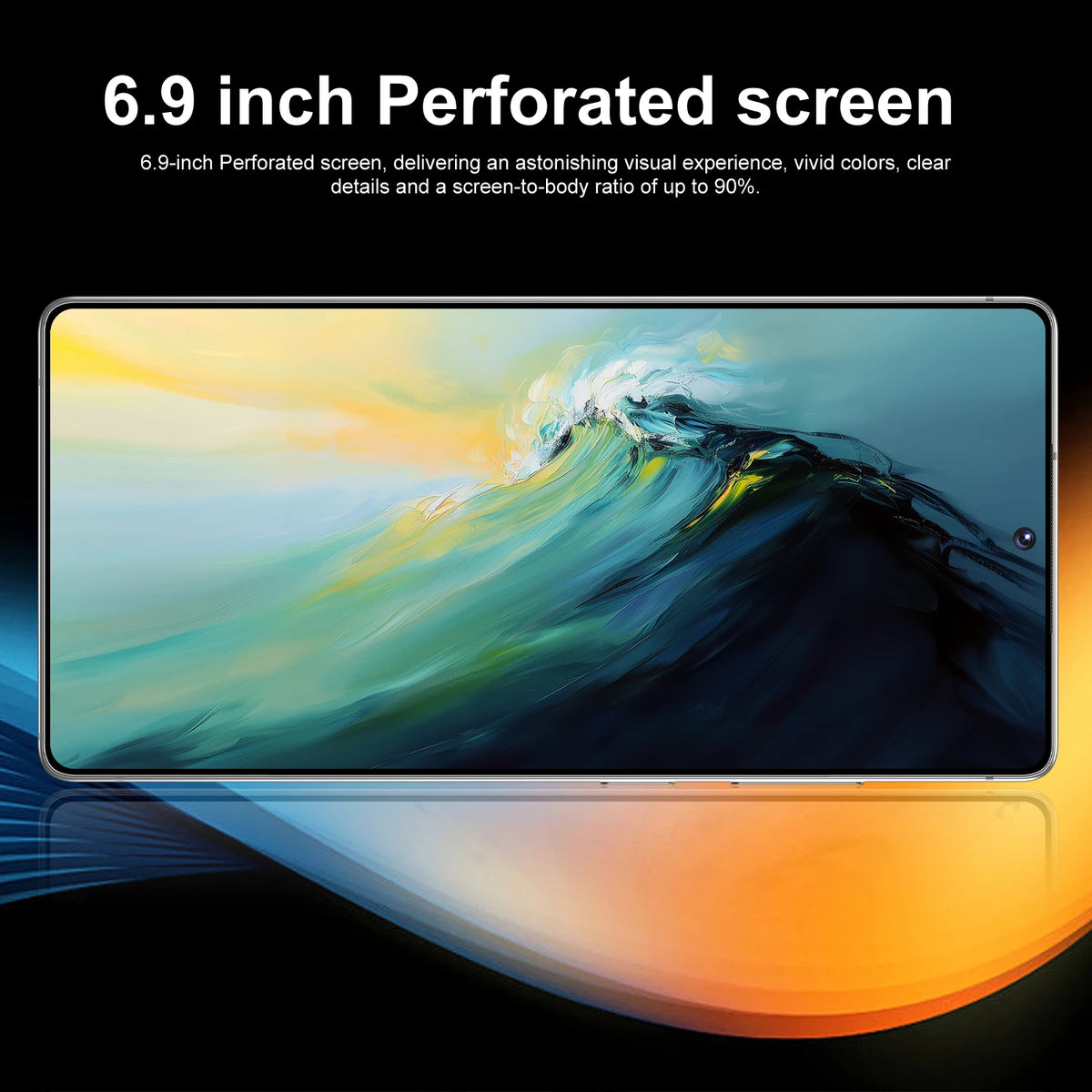 A promotional graphic for a smartphone screen featuring a 6.9-inch perforated display with a wave artwork on the screen.