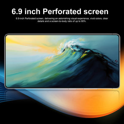 A promotional graphic for a smartphone screen featuring a 6.9-inch perforated display with a wave artwork on the screen.