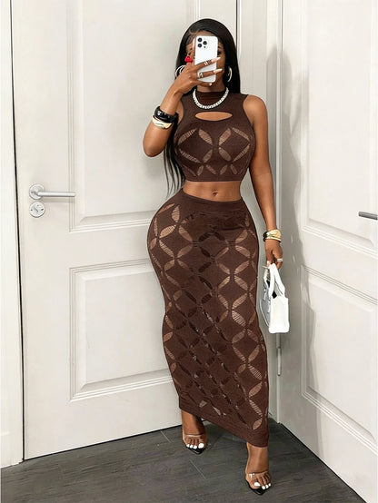 Plus Size 2PCS Women's Sexy Set See Through Mesh Hollow Out Crop Tank & High Waist Bodycon Mini Skirt Stretechy Clubwear